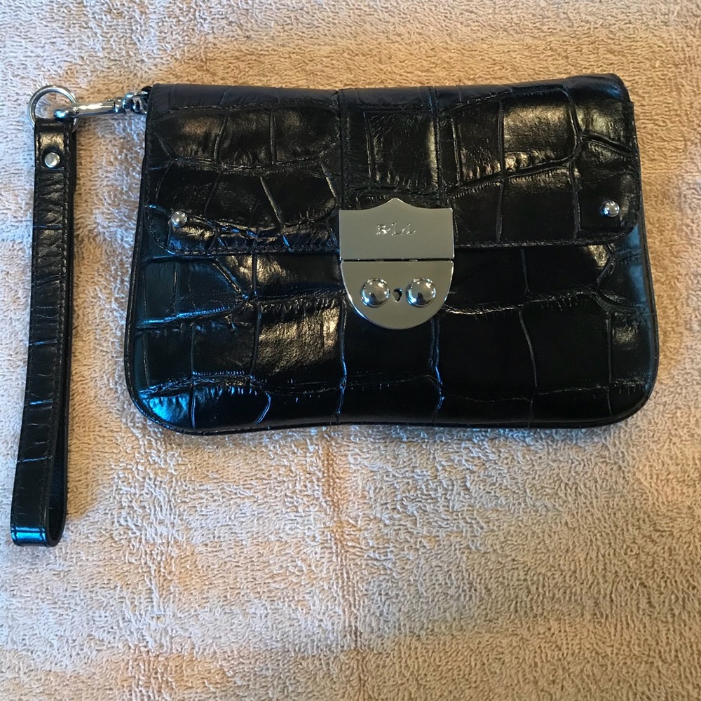 Ralph Lauren glossy black wristlet.